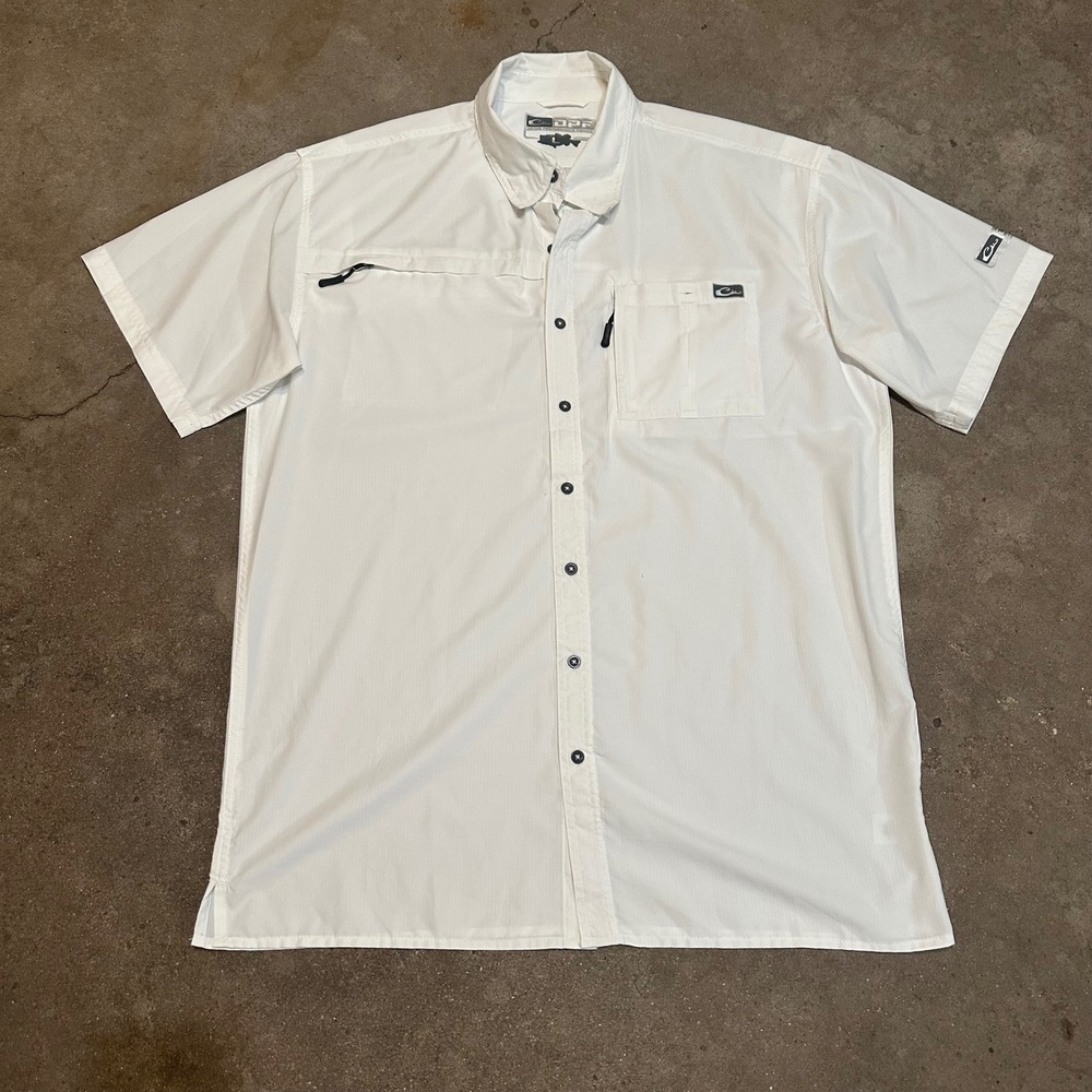 Drake Performance Fishing Shirt Mens Large White Short Sleeve Button Down DPF